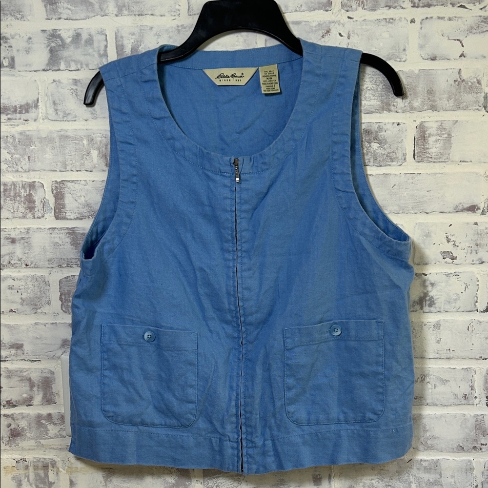Eddie Bauer Women’s Medium Linen Vest Vintage Blue Zip Up Granola Coastal Granny